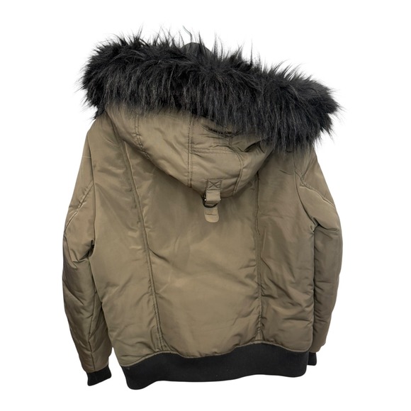 DKNY Women's Puffer Bomber Jacket Faux Fur Trim Hooded Khaki Olive Green - Picture 2 of 7